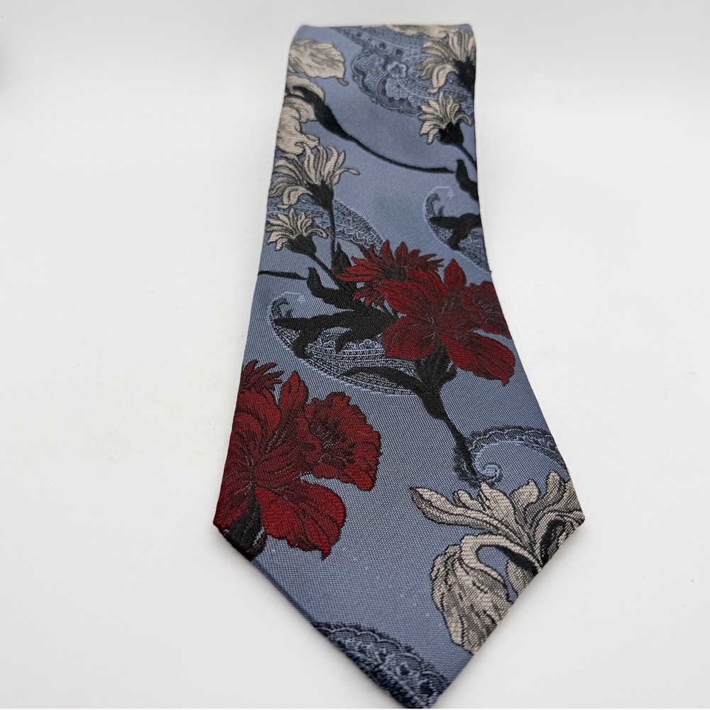 Windridge Mervyns Necktie Blue Red Floral Paisley Woven Mens Silk Blend Tie 4"